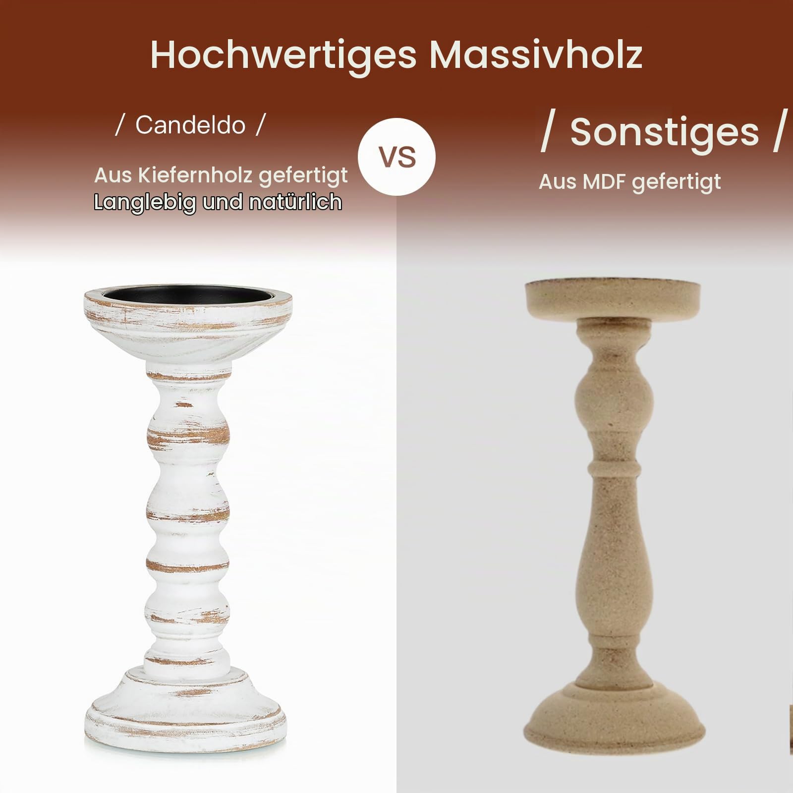 Candeldo Kerzenständer Holz Vintage Deko: 3 Stück Kerzenhalter Stumpenkerzen Wohnzimmer Tischdeko Groß Kerzenständer Dekoration Esstisch Weihnachten (braun + weiß)