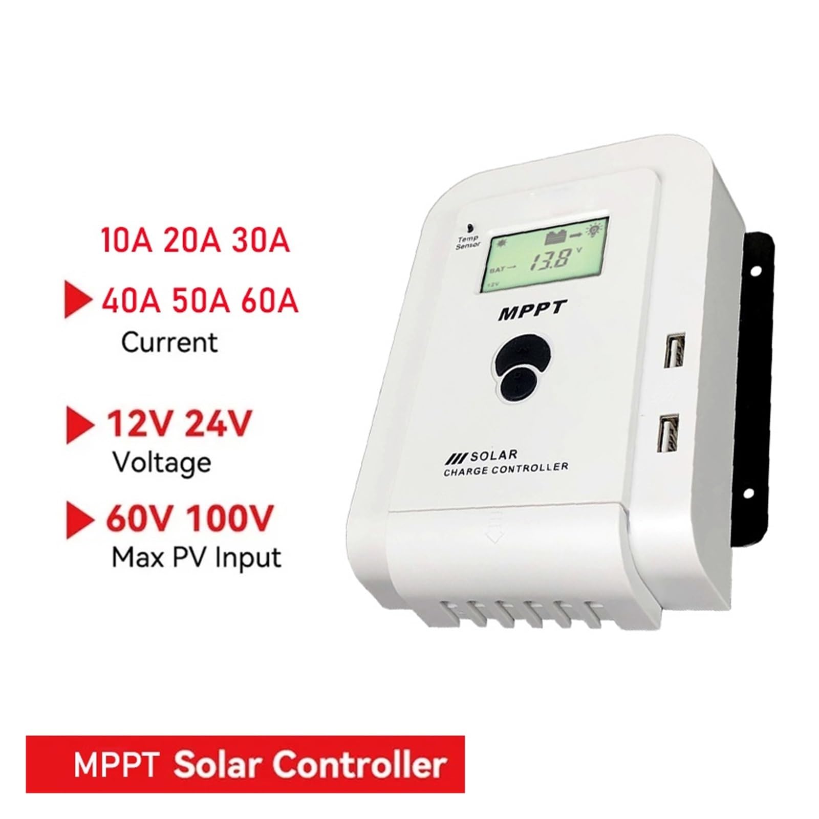 Controladores solares, MPPT 60A 40A 20A Controlador de Cargador Solar 12V 24V Panel Solar de batería automática(Size:40A)