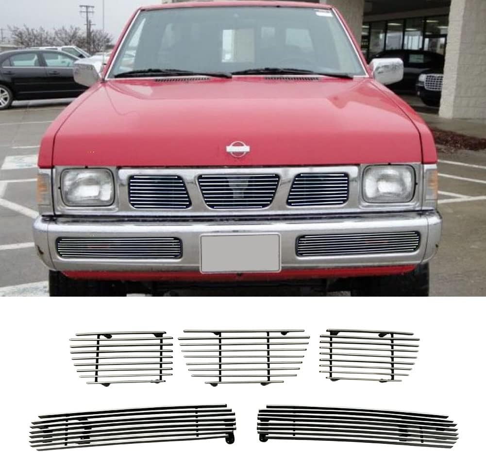 Compatible with Nissan Hardbody Pickup 1995-1997 Aluminum Chrome Horizontal Billet Grille Grill Insert Combo (Chrome/Polished)