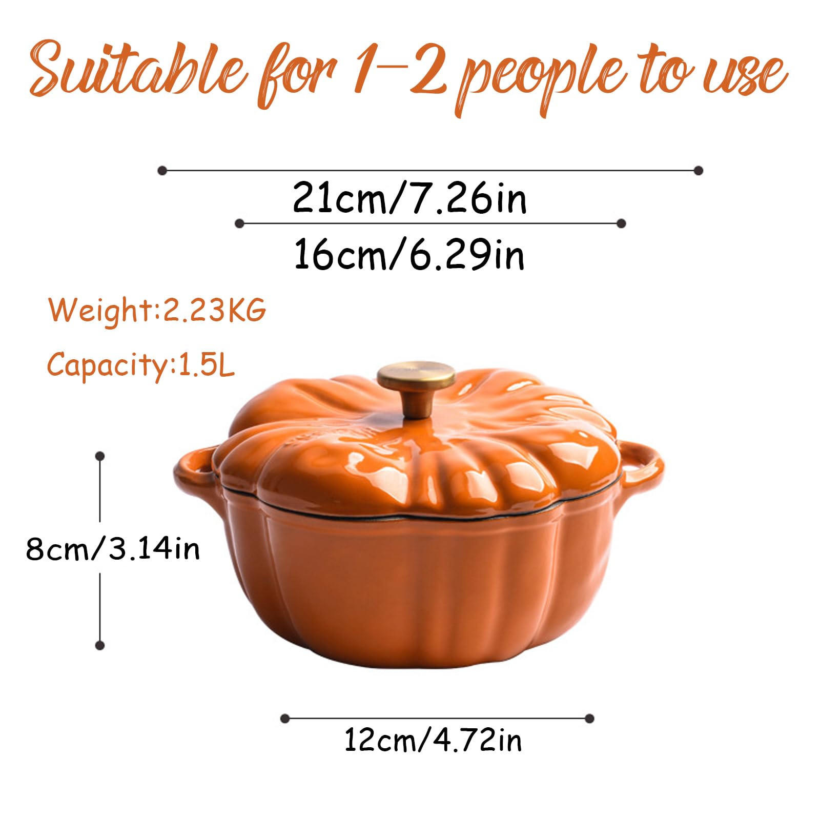 Enameled Cast Iron Dutch Oven with Lid, 1.5 qt Pumpkin Shaped Pot for Versatile Cooking,Pumpkin Dish with Big Dual Handles,Oven & Stove Safe (Orange)