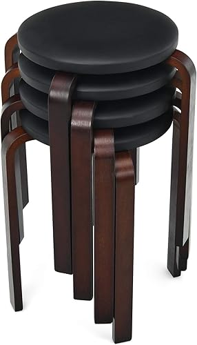 Miniatura 1 de LDAILY Taburetes redondos de madera, 4 juegos de taburetes de madera apilables con asiento acolchado, almohadillas antideslizantes para los pies,