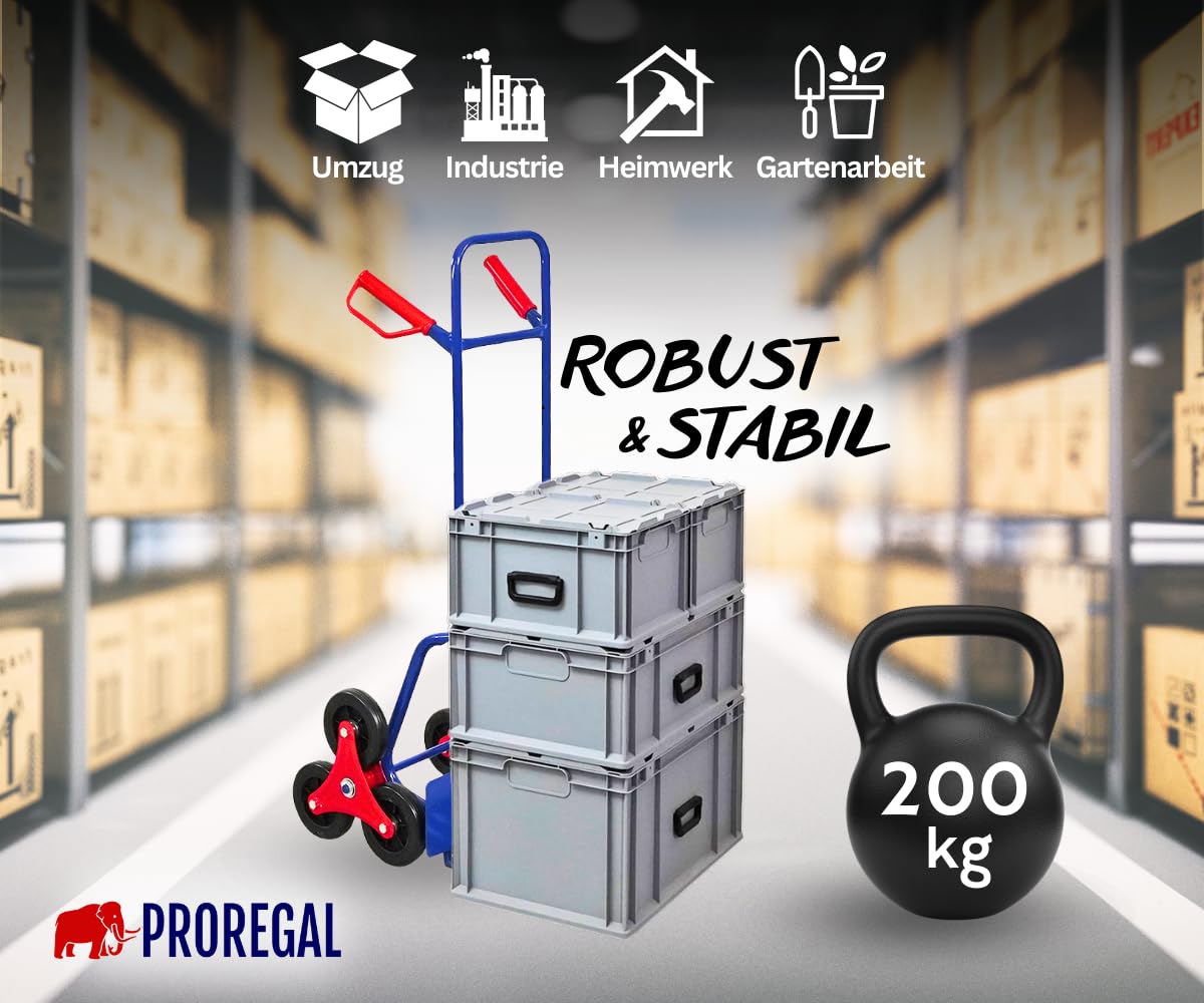 PROREGAL Diable pour escaliers Odin | HxLxP 111x60x43cm | Capacité de Charge 200kg | Pneus en Caoutchouc Dur | Bleu