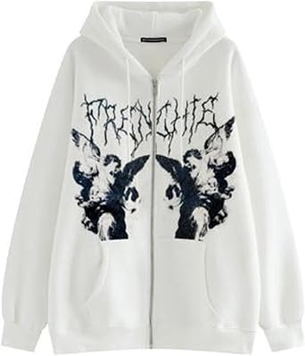 Yuemengxuan Women Man Goth Hoodie Sweatshirts Y2k Aesthetic Zip Up Jacket 90s Long Sleeve Graphic Coat Couple Top Streetwear