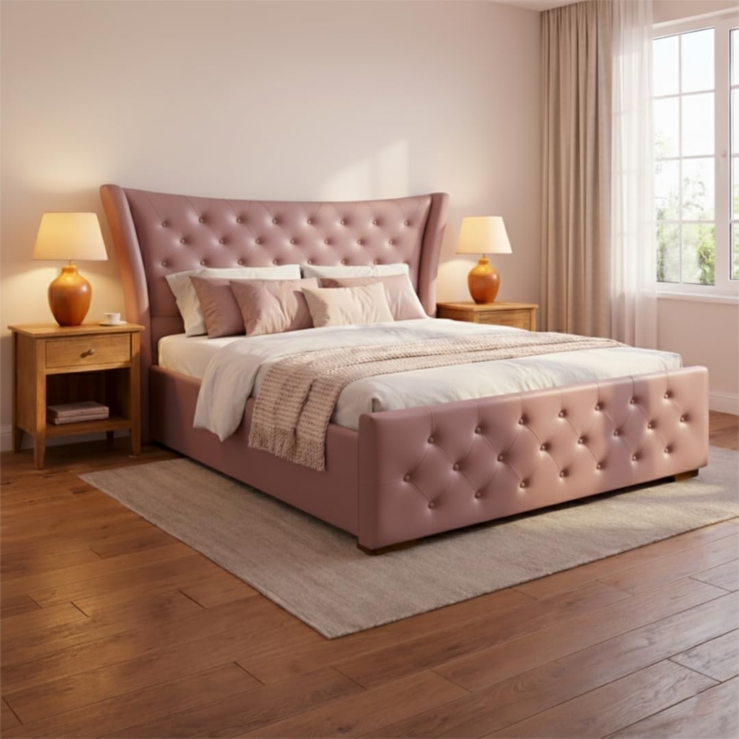 King Size Modern Upholstered Bed with Box Storage for Bedroom | Solid Wood Platform Bed with Premium Fabric Headboard | Storage Double Bed for Master Bedroom & Modern Home Décor | Pink-image-19