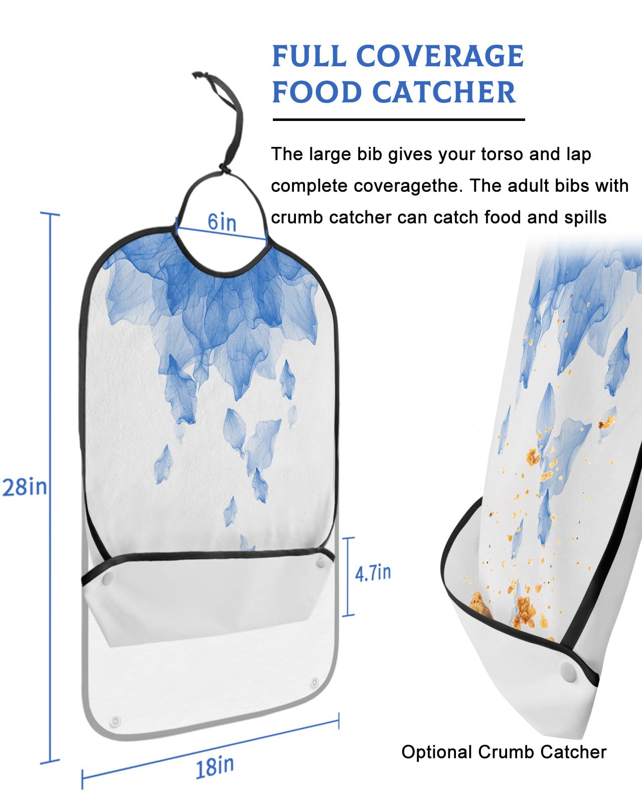 LEOKOTI Blue Ombre Adult Bibs for Eating, Waterproof Bibs with Food Catcher & Adjustable Snap Closure, Watercolor Blue Floral Modern Abstract Art Washable Clothing Protectors Adult Bibs for Elderly