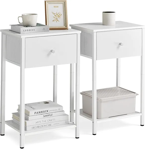 VASAGLE Nightstands, Set of 2 Side Tables with Fabric Drawer, 24-Inch Tall End Tables with Storage Shelf, Bedroom, White ULGS221W14