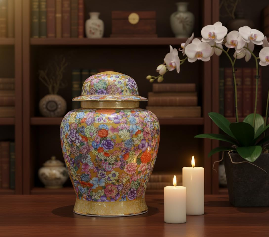All Flowers Bloom Together Cremation Urn for Human Ashes Adult Male,Unique Enamel Art Burial Urn for Ashes for Women.