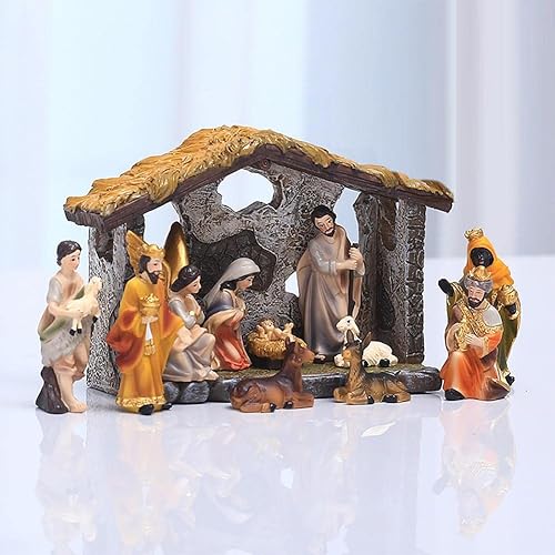 Miniatura 3 de MOOCOCO Conjunto de Figuras de Belén Navideño, Figura de Jesús en el Pesebre, Estatua de Resina Hecha a Mano, Familia Sagrada, 12 Piezas
