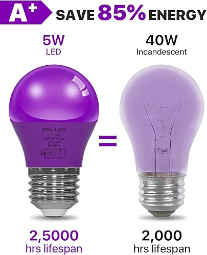 Miniatura 5 de ORALUCE Bombilla de porche púrpura equivalente a 40 W, bombillas LED A15 para decoración e iluminación de fiestas de Halloween, Navidad, bombilla
