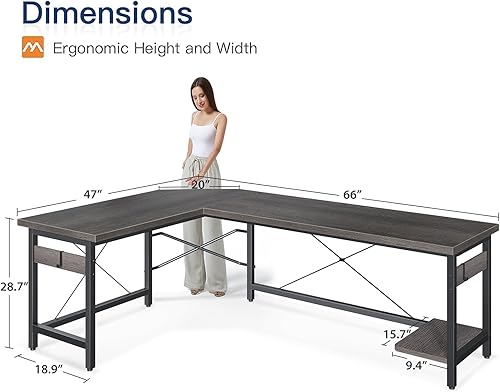 Miniatura 12 de Coleshome - Escritorio gaming en forma de L de 66 pulgadas, con toma de corriente, con soporte para CPU, escritorio esquinero para computadora, para