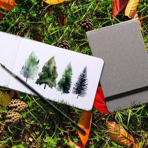Image of Dispowreath 4 Set Watercolor Sketchbook Journal with Watercolor Brush Pens 300 GSM Cotton Paper Portable Square Small Pocket Notebook Travel for Painters Art Supplies(Grey,3.5 x 5.5 Inch)