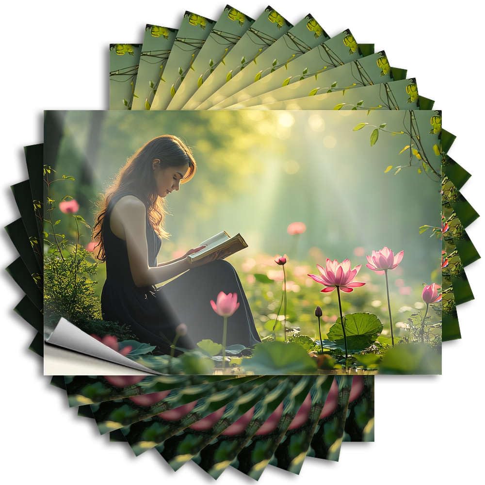 Bumper - Aesthetic Door A Woman Reads A Book Surrounded By Lotus Flowers in A Serene Garden for Spring Beer Decor(6X9CM)