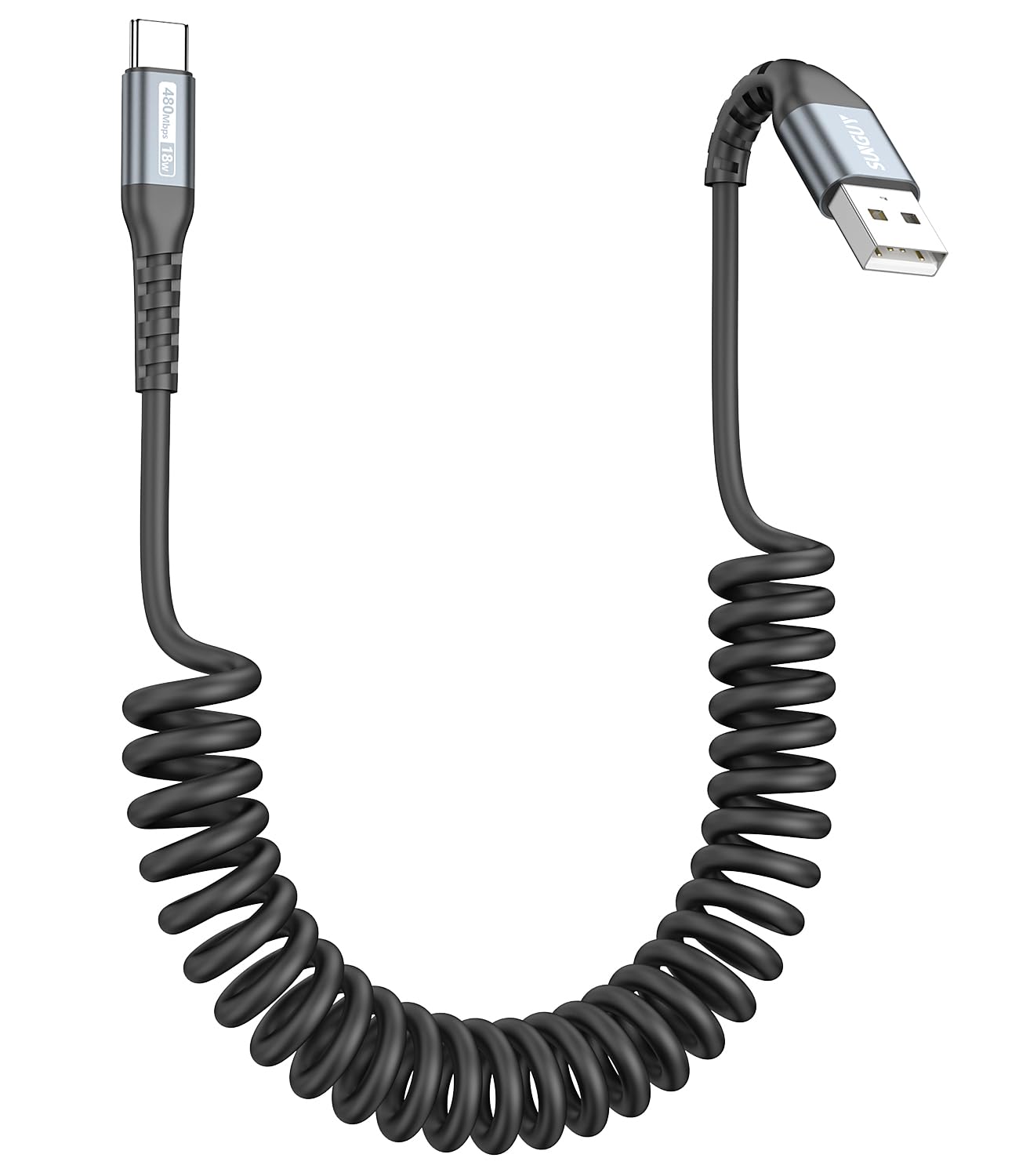 SUNGUY コイル状USB Cケーブル 1パック 2M【推奨伸縮長さ:0.6~1.5M】USB-A - USB-C データケーブル Android Auto、CarPlay、iPhone 17/16/15シリーズ、Galaxy S24 Ultra、Google Pixel、Xiaomi対応 - グレー