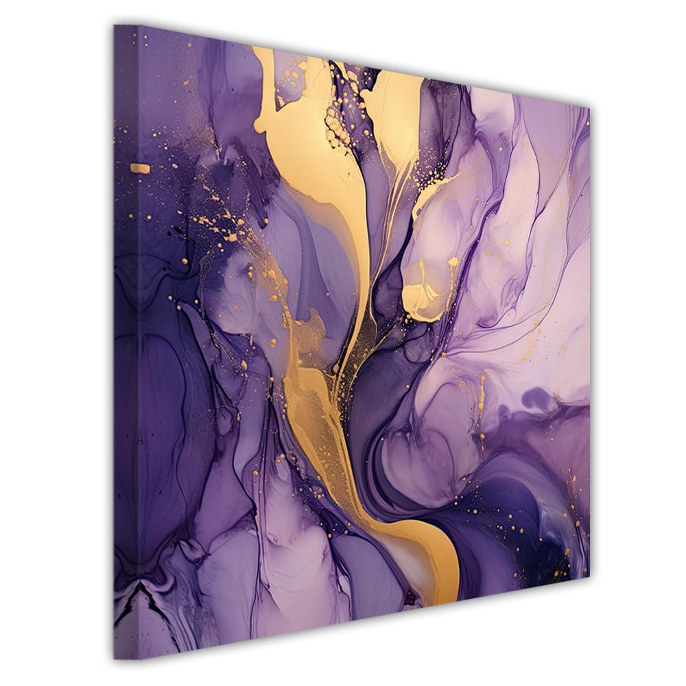 ZHOUWALLPIC Abstract Wall Art Purple and Gold Texture Picture Prints Marble Fluid Artwork Paintings for Home Decor Frame 36”X50”