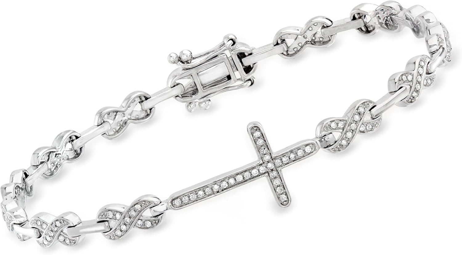 Ross-Simons 0.50 ct. t.w. Diamond Cross & Infinity Symbol Sterling Silver Link Bracelet, 7.25"