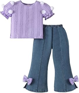 Hopscotch Girls Bow Applique Denim Wide Leg Jeans Set in Purple Color Price In India