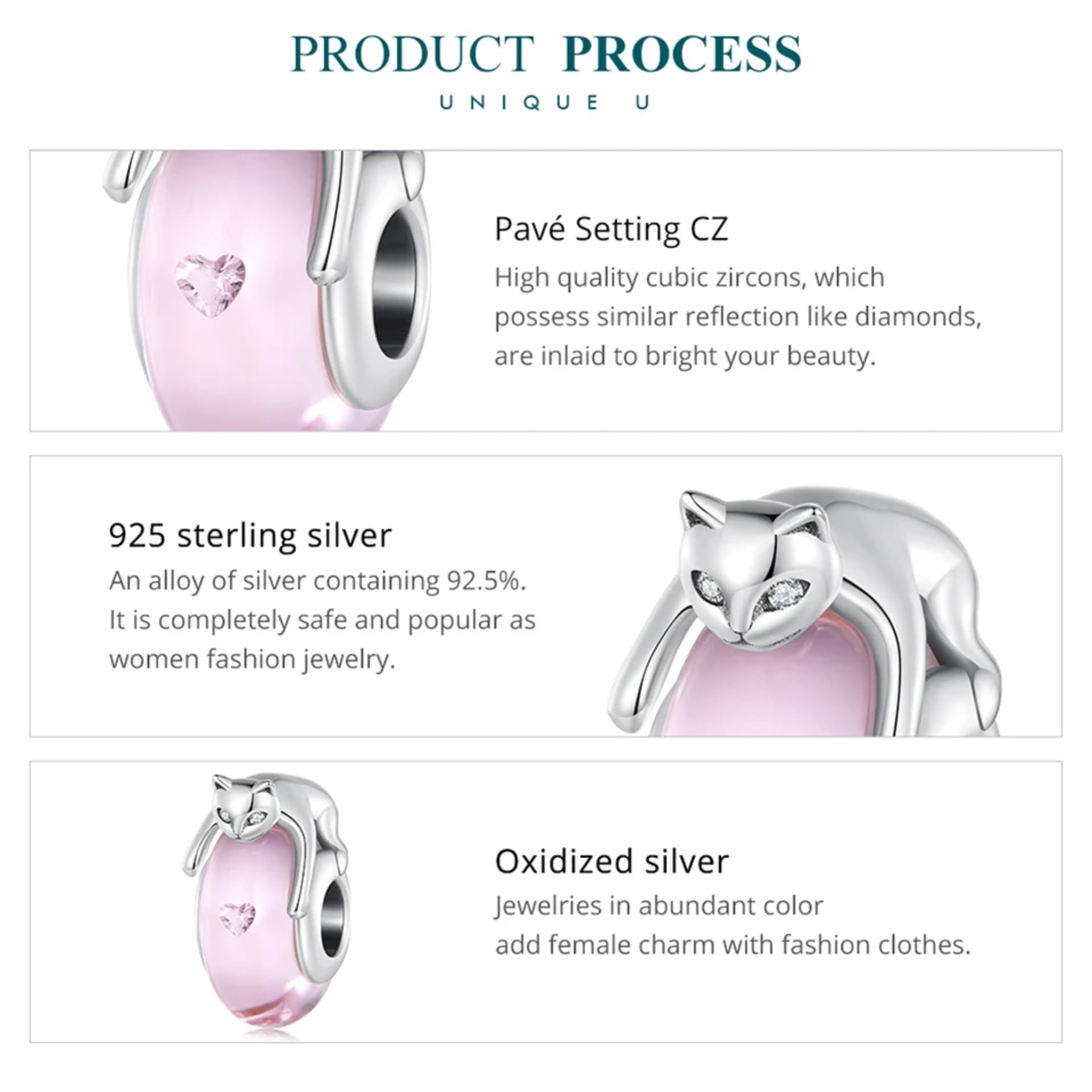 Bracciale Originale In Argento Sterling 925 Con Perline Di Vetro Rosa E Ciondolo A Forma Di Gatto In Argento Con Zirconi Cubici, Per Donna, Gioielleria Raffinata
