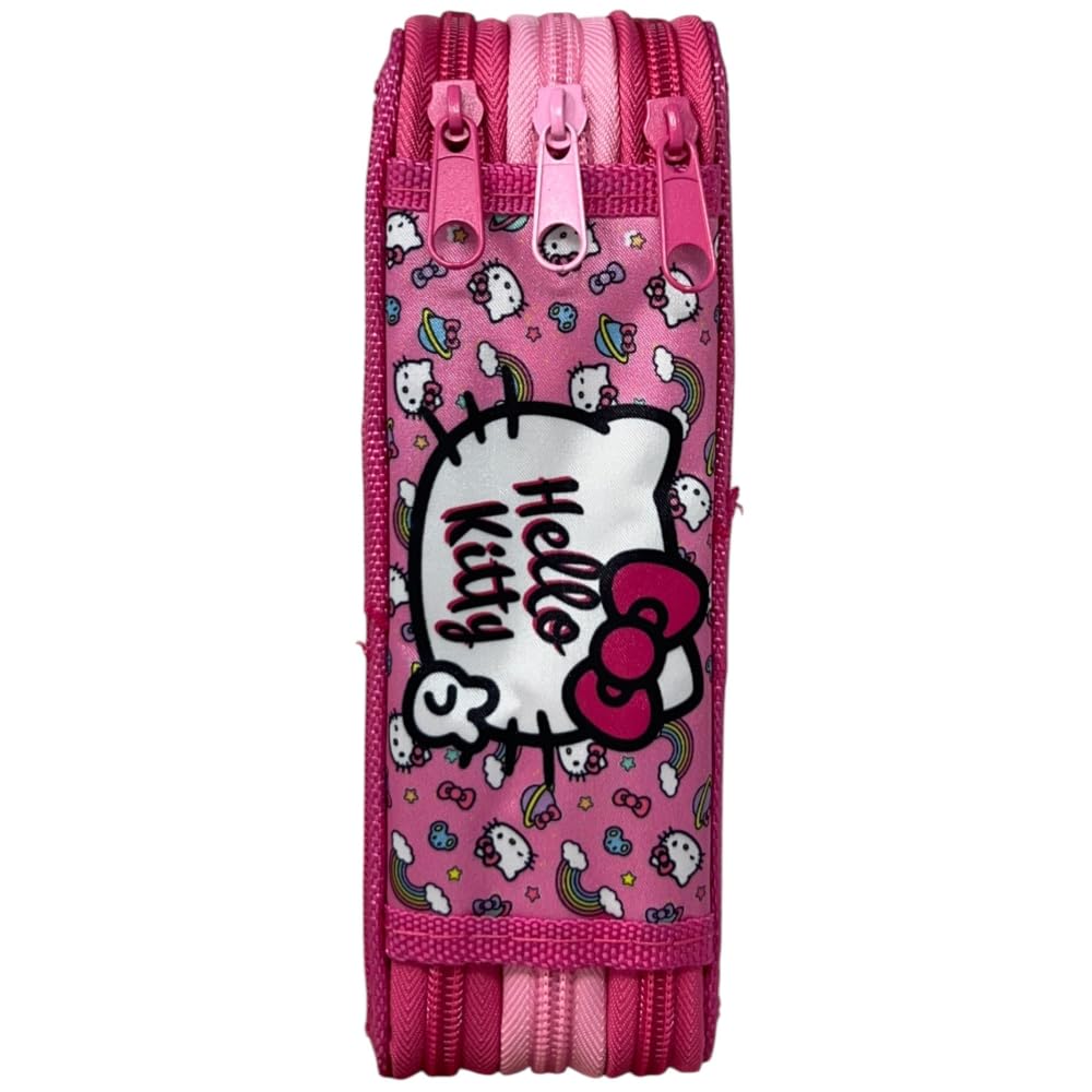 CARTOON Estuche de 3 cremalleras completo de 44 piezas para la escuela, multicompartimento, bolígrafos, lápices, colores, rotuladores Giotto, Hello Kitty, 20 x 13 x 6 cm, Moderno