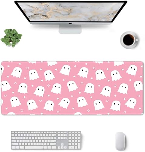Miniatura 8 de Alfombrilla de mouse rosa con diseño de fantasma, tamaño XL, 31.5 x 11.8 pulgadas, diseño divertido de Halloween, diseño gracioso, tapete extendido
