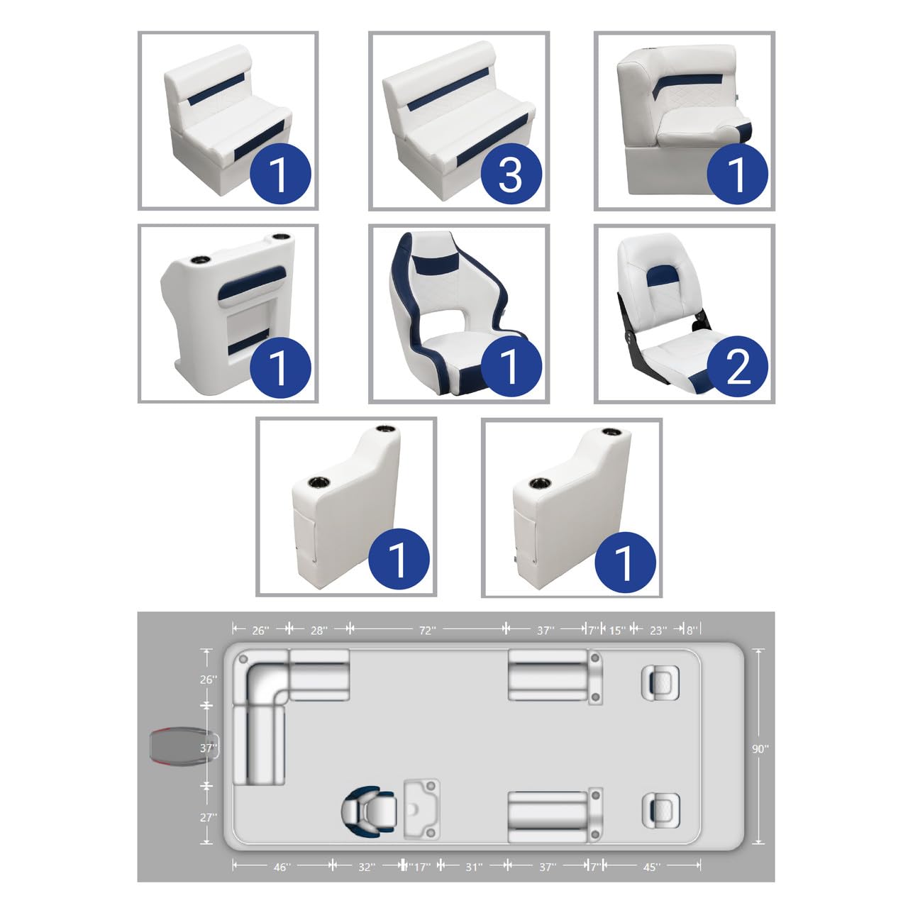 Wise DLX 22'+ Fishing Pontoon Furniture Set with Bucket Seat, Steering Console, Fold-Down Seats, and Marine-Grade Vinyl Storage (Brite White/Mariner Blue)