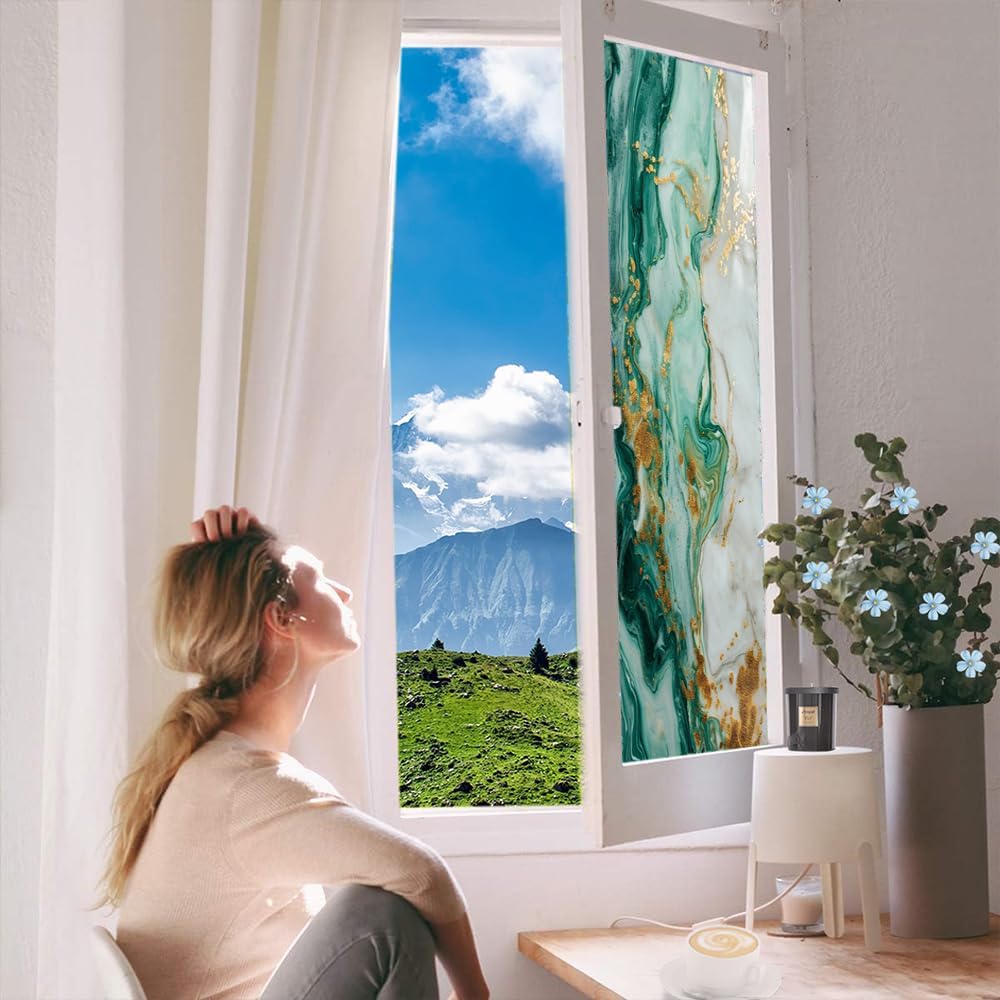 Green White Marble Window Film Privacy Gold Painting Modern Patterns Decorative Stained Glass Decal for Home, Adhesive Window Sticker 27.6Wx39.4L inch