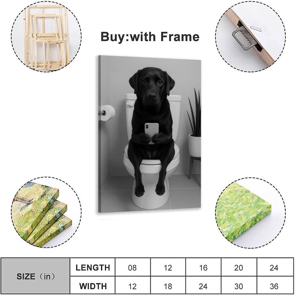 Funny Black Labrador On Toilet With Smartphone Canvas Wall Artwork Black and White Dog Bathroom Decor Quirky Pet Picture For Restroom Powder Room Toilet Gallery 16x24inch Framed