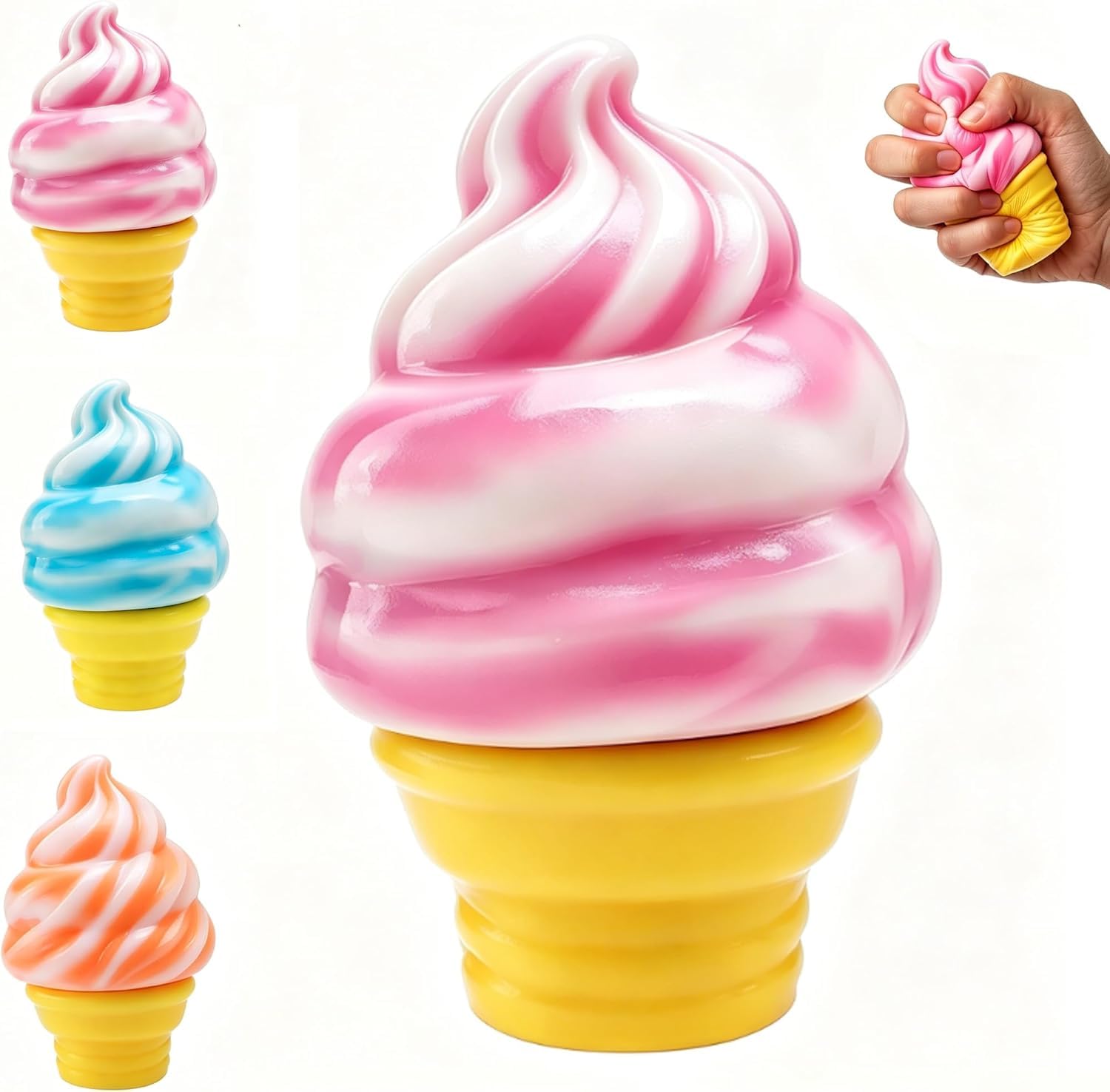Ice Cream Squeeze Squishy, Ice Cream Cone Squishy, Slow Rise Sensory Fidget Toy, Easter Basket Stuffers Party Favors Summer Sensory Stress Relief, Kawaii Dessert (Pink)