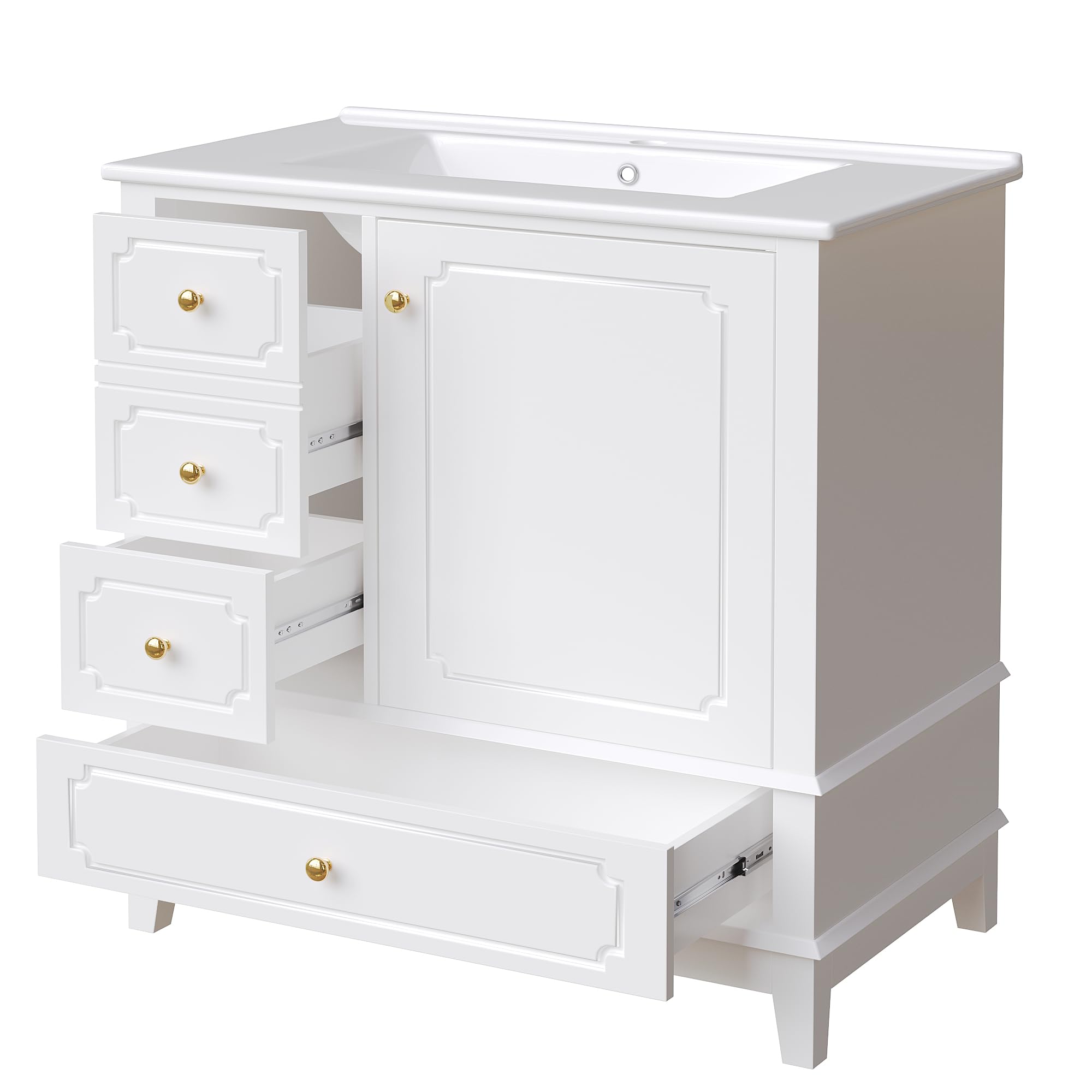 Armario para lavabo de baño, 76,5 x 47 x 87,5 cm, con lavabo de cerámica, asas doradas, antibacteriano, color blanco, con orificio de rebosadero y mucho espacio de almacenamiento