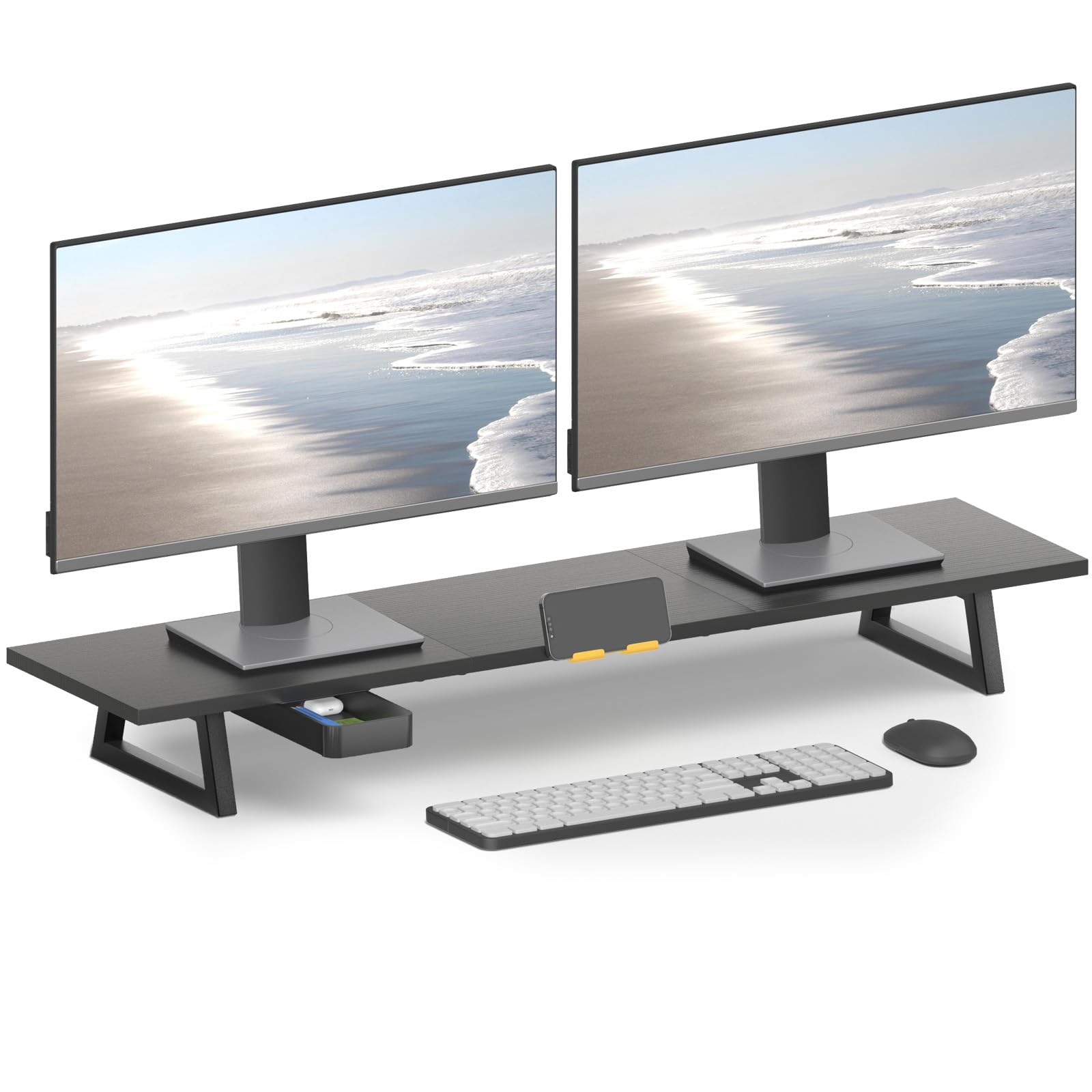 TEAMIX 39.4 inch Dual Monitor Stand Riser with Drawer &amp; Phone Holder, Black