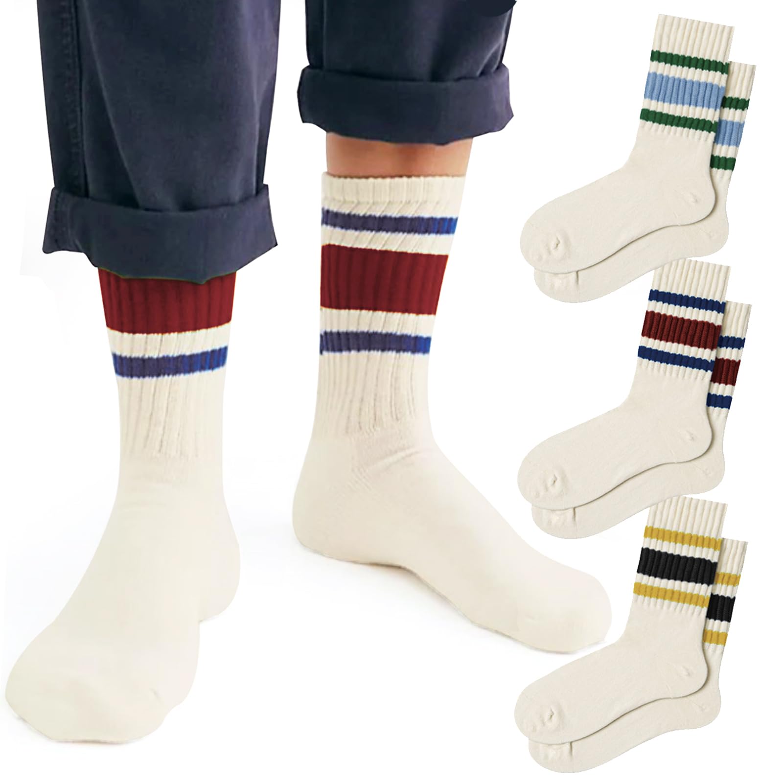 Fszsaa Divertente Novità Retrò A Righe Crew Calzini Per Le Donne Sportivi Polpaccio Casual Cotone Tubo Calzini Donna, 3Pack-Retro Striped Crew Socks Multicolore, Taglia Unica-image
