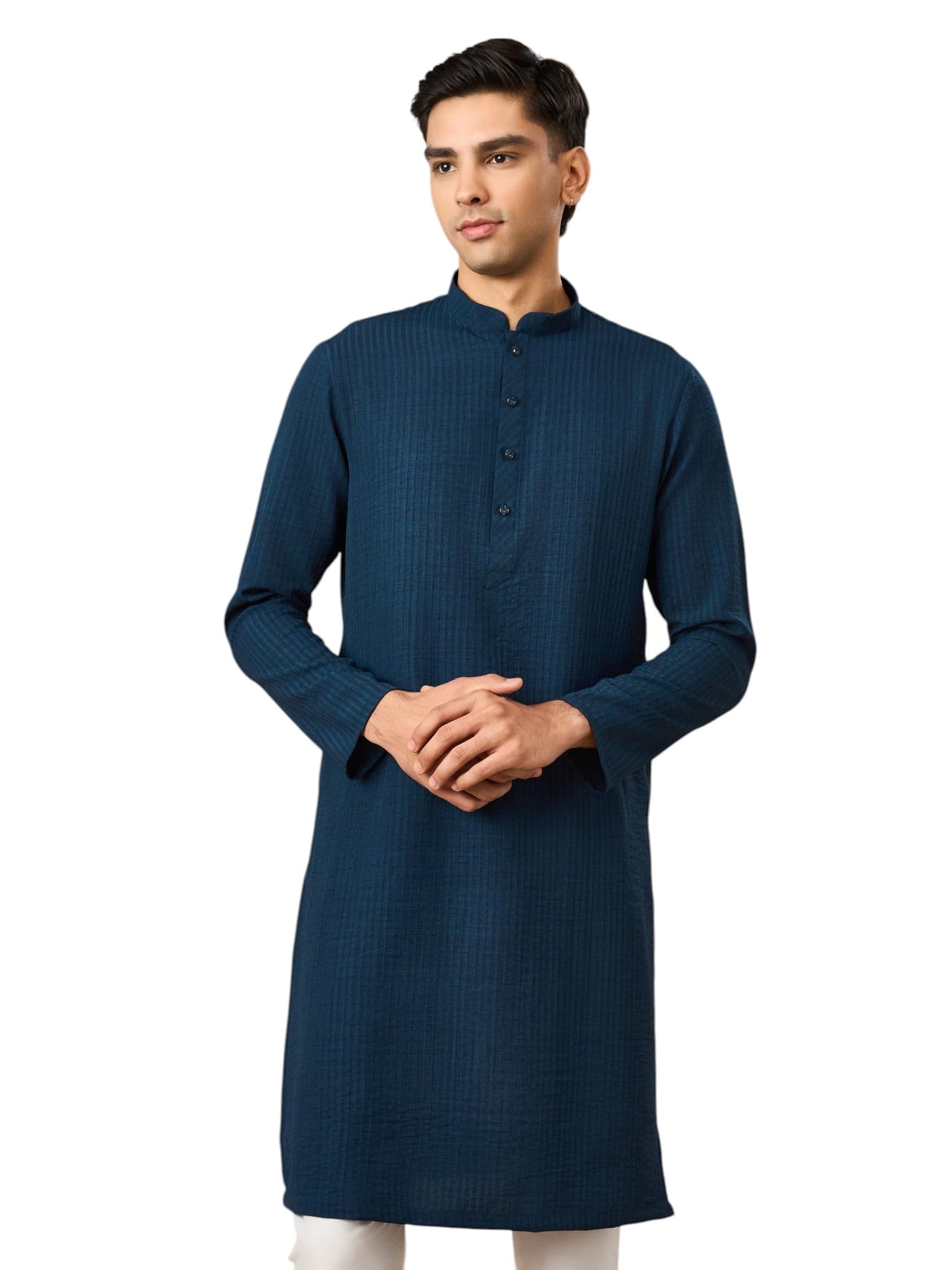 Men's Art Silk Self-Design Buttoned Kurta (Dark Blue,L)-image-21