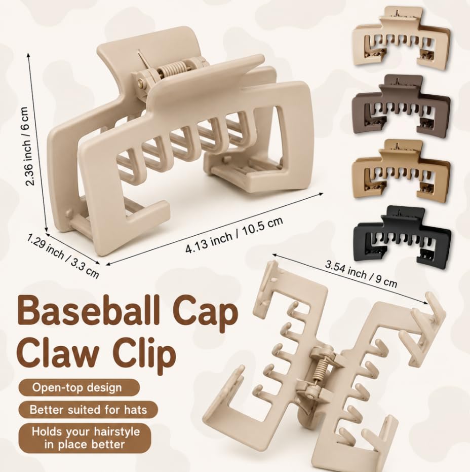 4 pcs Hat-Friendly Claw Clips for Baseball Cap & Trucker Hat,4.1 inch Large Strong Trucker Hat Claw Clips,Hair Accessories Gift for Thick Hair