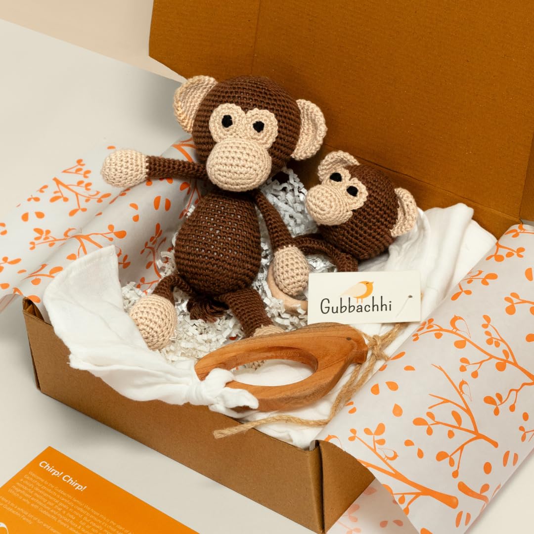 Gubbachhi Complete Newborn Gift Box (Maakad Monkey) | Crochet Rattle, Crochet Soft Toy, Neemwood Teether & Muslin Swaddle Combo | Newborn Gifting | Ideal for Gifting Infants |Babyshower Gift |4 Pieces-image-38