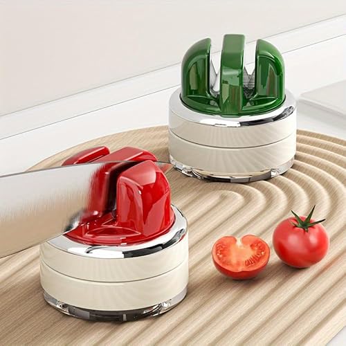 ステンレス製吸盤式ナイフシャープナー、キッチンナイフやはさみの家庭用に適した2個セット、手持ちでの研ぎなしで1秒で両方の目的を実現(赤+?)