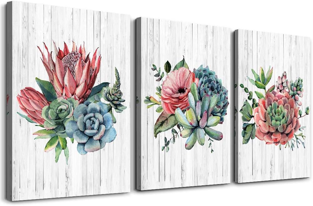 cactus Flowers Modern Canvas Wall Art for Bedroom Wall Decorations for Living Room Bathroom Wall Decor 3 Panels Wall Watercolor Painting Home Decoration Kitchen Canvas Print Plants framed Artwork