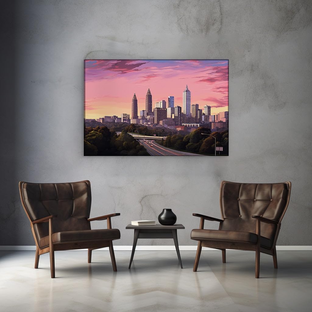 Canvas for Living room. Sunset Hues Over Urban Commute: A Digital Canvas of Movement and Color, 27 x 18 inch Canvas Wall Art - Ready to Hang