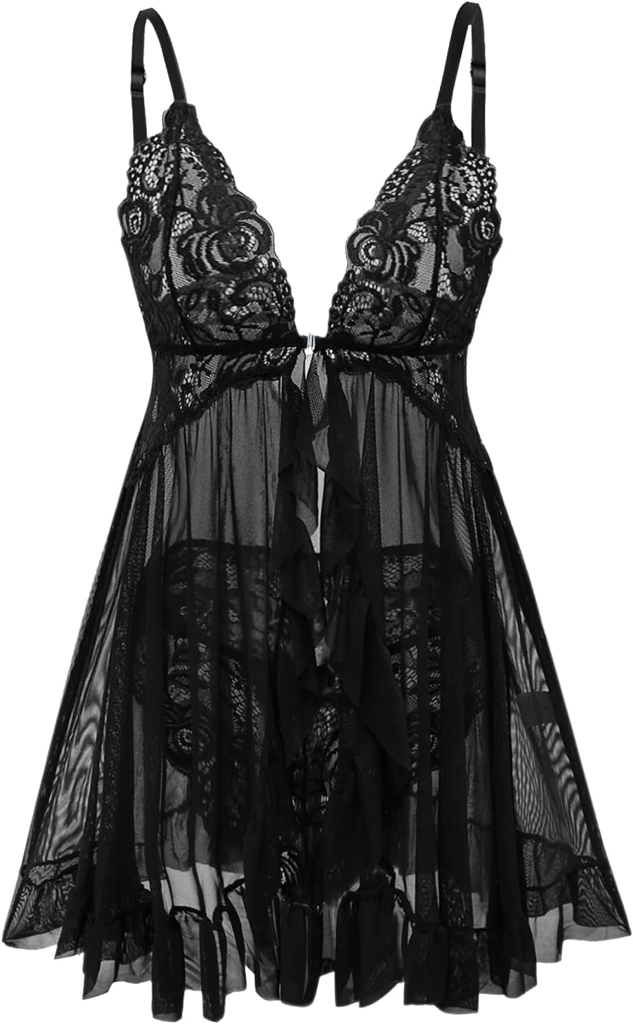 Lilosy Sexy Open Front Closure Floral Lace Mesh Sheer Babydoll Lingerie Dress with Thong 2 Piece - Image 7