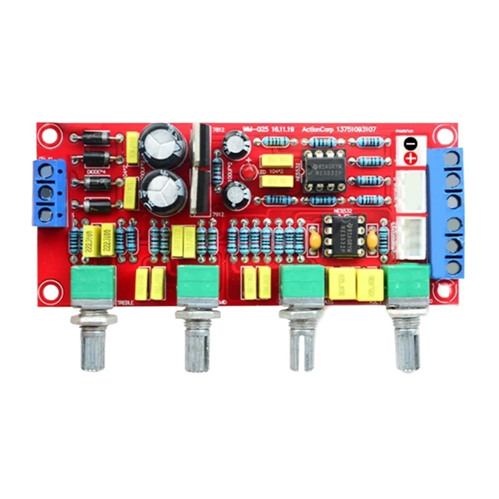 NE5532 Audio Preamplifier Bass Treble Sound Tone Control Board with Extension Cord 20cm for DIY Amplifier(Only Board)