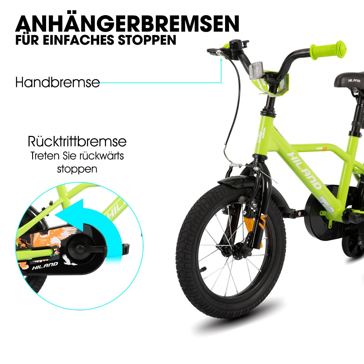 Hiland 12/14/16/20 Zoll Kinderfahrrad für Jungen 3-10 Jahre, mit Stützrädern, Jungen Fahrrad mit Handbremse und Rücktrittbremse, Schwarz/Grün/Blau