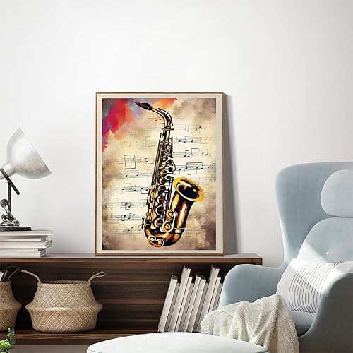 Miniatura 2 de YEEIFFD Pintura artística de diamante, nota musical vintage, kit de saxofón musical retro para adultos, pintura de diamantes por números, arte de