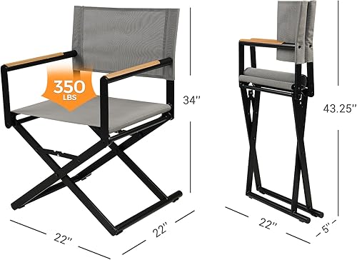 Miniatura 2 de Grand patio Juego de 2 sillas de director extra anchas, sillas de comedor plegables con eslinga, reposabrazos de madera para exteriores, color gris