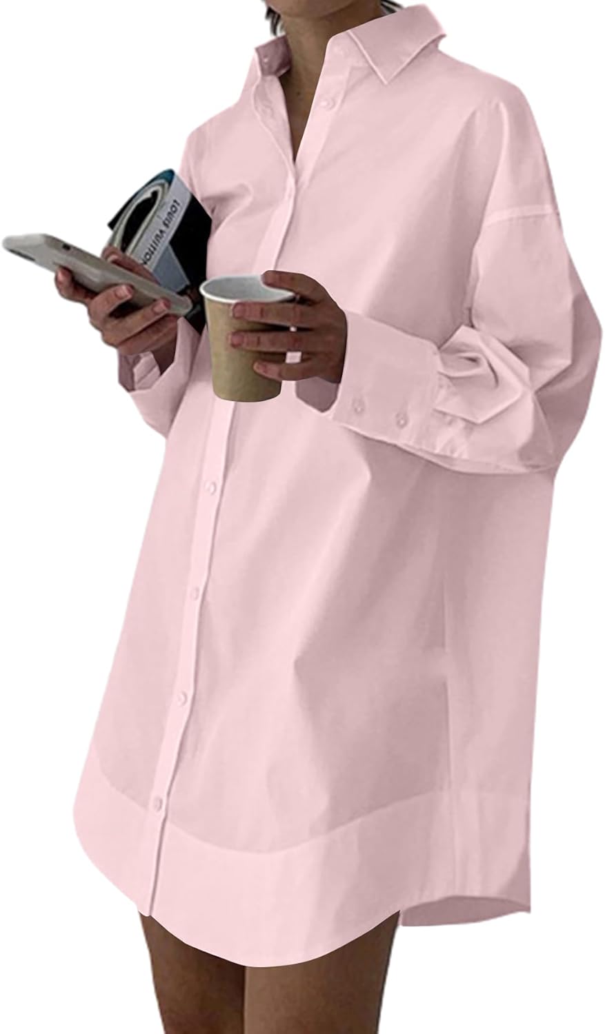 LYANER Women's Casual Shirt Dress Collar V Neck Button Down Loose Long Sleeve Mini Dresses