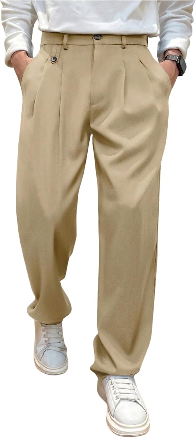 OYOANGLE Men's Pleated Dress Pants Straight Leg Zipper Fly Business Suit Pants with Pockets