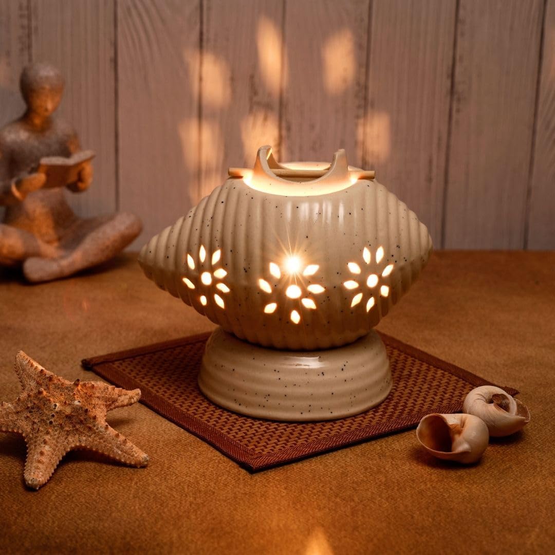 Shell-Shaped Ceramic Electric Diffuser with White Jasmine & Rosy Romance Aroma Oils (10ml Each) | Coastal Style Oil Burner for Home Fragrance, Spa & Decor (White)