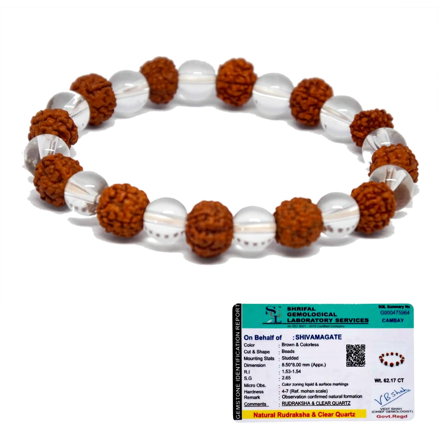 SHIVAM AGATE Certified Energized 5 Mukhi Rudraksha Bracelet with Crystal Beads – Energized & Lab-Tested – Spiritual Yoga Meditation Bracelet for Men & Wome and Children (White, Brown 8mm Beads)