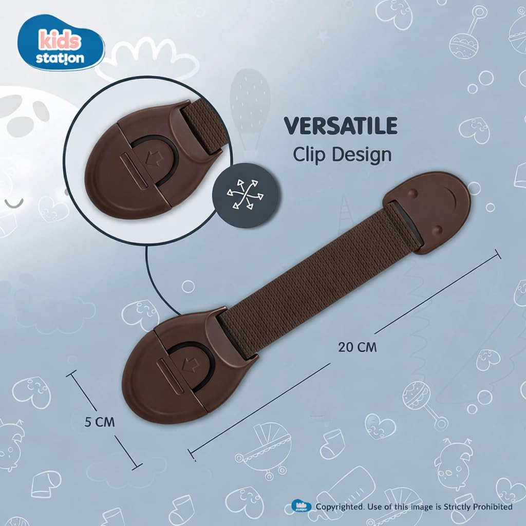 Kids Station Baby Safety Adjustable Cabinet Drawer Locks Straps|Strong & Adhesive Child/Toddler/Infants Safety Locks for Drawers, Cabinets, Fridge & Cupboard - Baby Proofing Product|Pack of 10|Brown 3