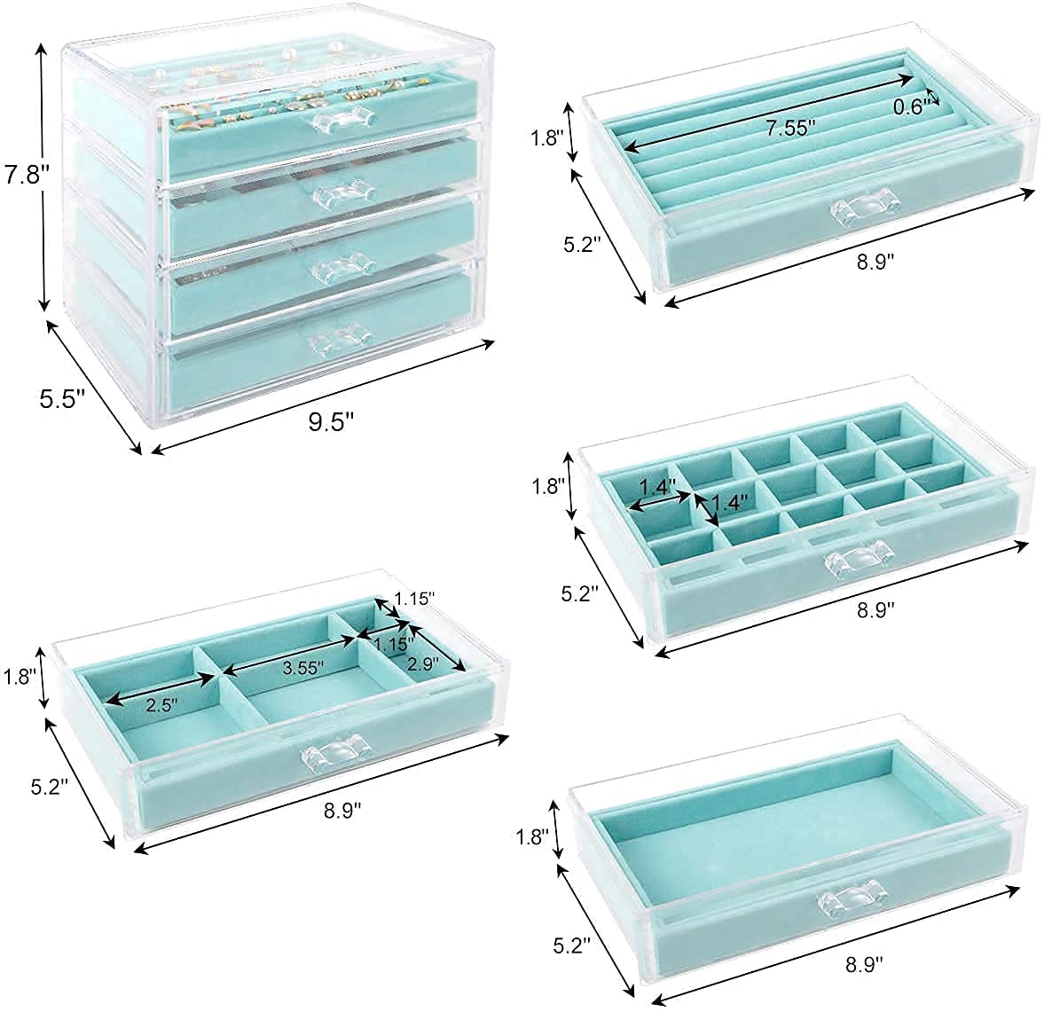 Acrylic with 4 Drawers Velvet Jewellery Storage Box Transparent Jewellery Storage Box for Women (Grey) (Gray) (White) (Blue)