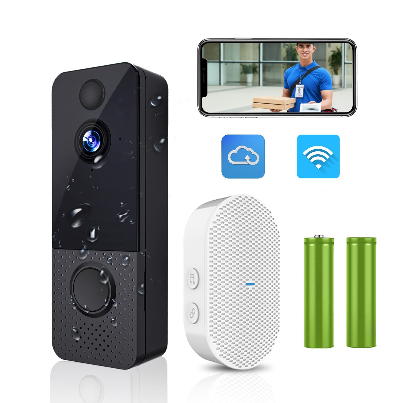 TOPOSH Wireless Video Doorbell Camera Wi-Fi with Motion Detector and  Chime,1080p HD,Two-Way Audio,Night Vision,Ip65 Waterproof,Battery Powered,  Free