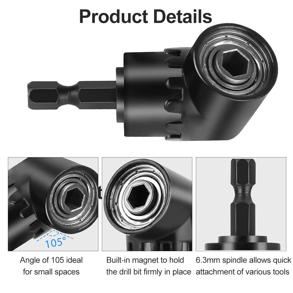Ángulo Recto Taladro Socket Brocas, Adaptador de Taladro de Ángulo Recto, Negro Destornillador Angular de 105, Adaptador de Destornillador Angular, destornillador angular para Construcción y Autom