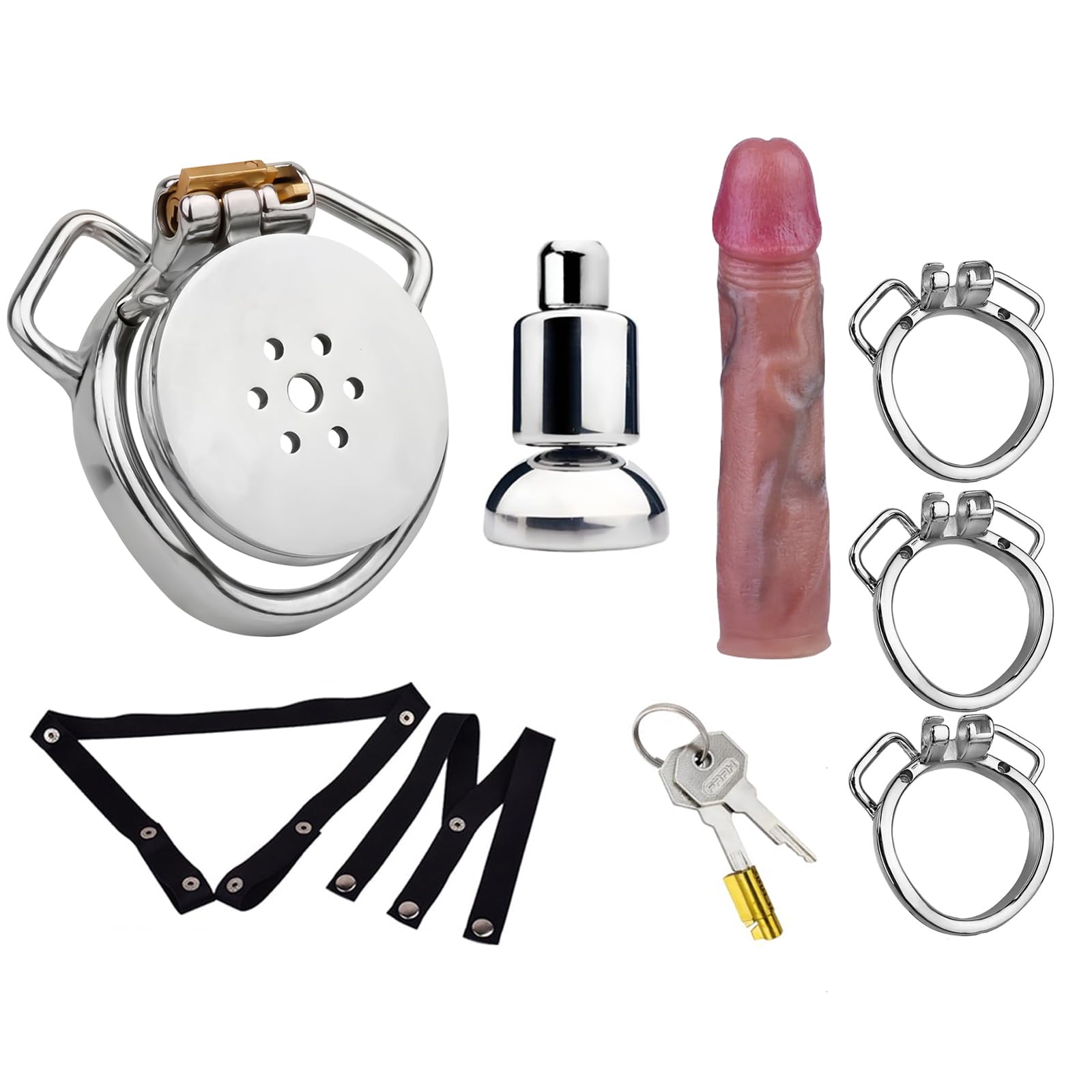 Men's Chastity Cage - Innovative 3 Ring with Fixed Chastity Belt Devices, Silicone Realistic Penis Dildos for DIY, Removable Negative Male Stainless Steel Cock Cage（with 7.87-inch Dildo）
